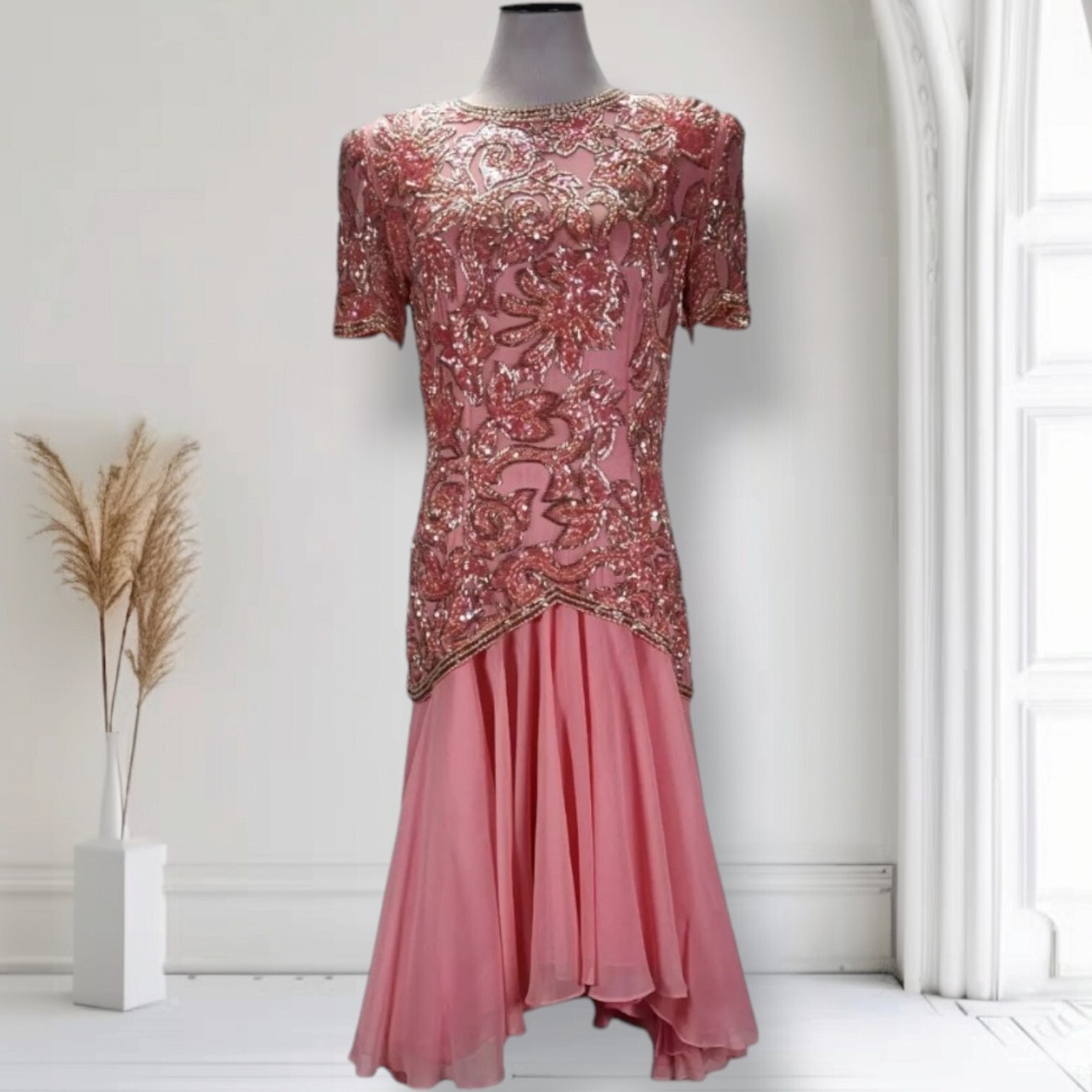 Vintage Lillie Rubin Silk Beaded Cocktail Dress Pink Sequin Drop Waist 8